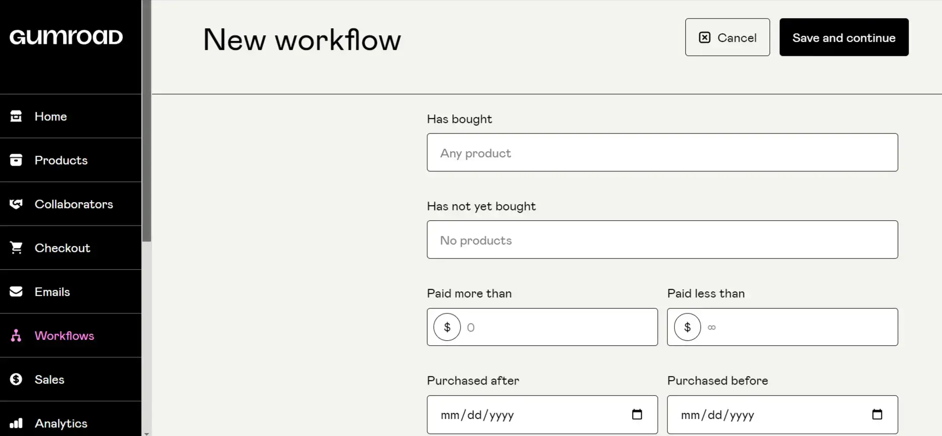 Gumroad workflow automation set-up example for a new purchase flow