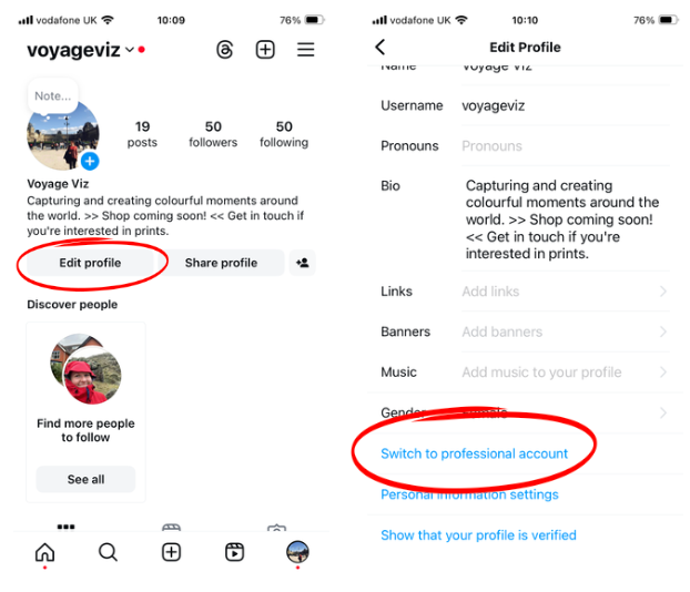 Instagram profile page alongside settings with an option to switch to a professional account.