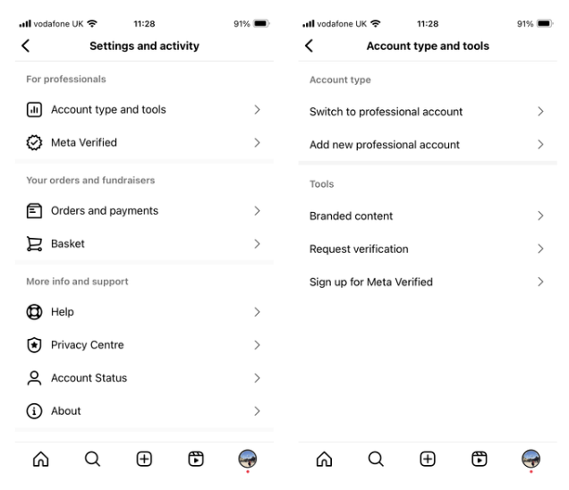 Instagram settings panel showing account types and tools options.