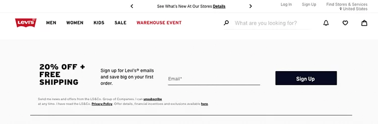 Levi's website banner promoting 20% off and free shipping for signing up for emails. Navigation options include Men, Women, Kids, Sale, and Warehouse Event. A sign-up form is displayed.