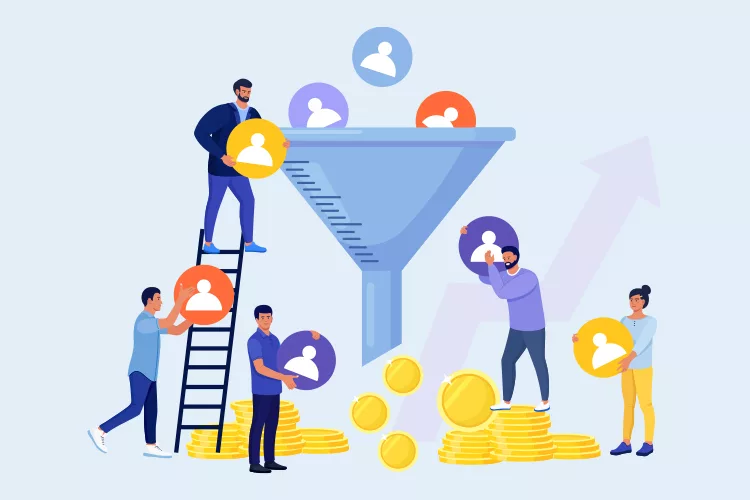 Illustration of people using a funnel to convert user icons into stacks of gold coins, symbolizing user acquisition or customer conversion.