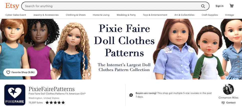 Pixie Faire Patterns Etsy shop with dolls in clothes