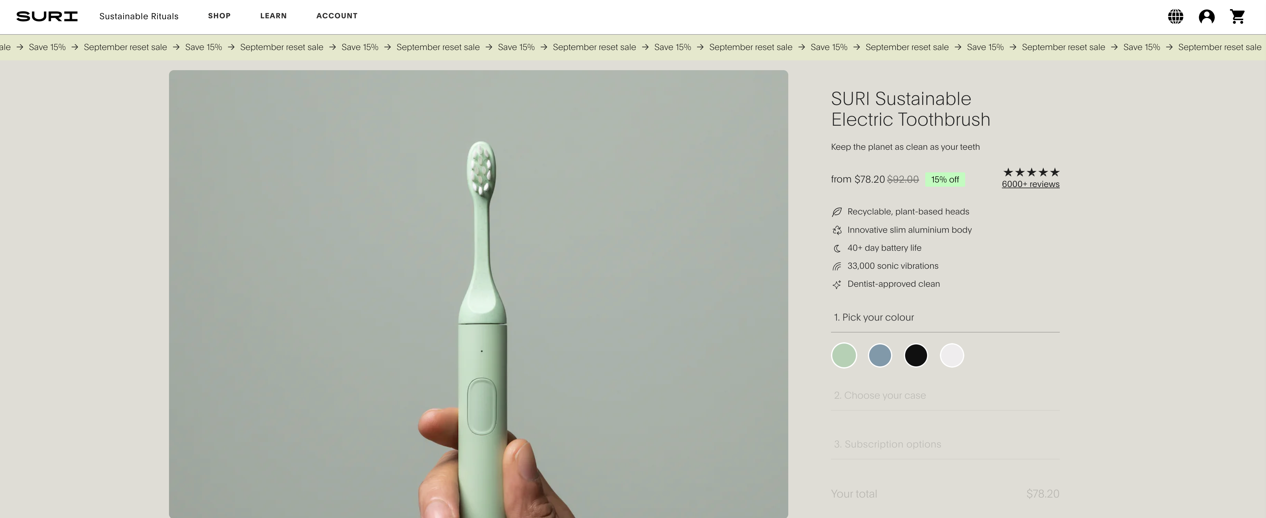 SURI Sustainable Electric Toothbrush product page with product on left and brand copy on right.