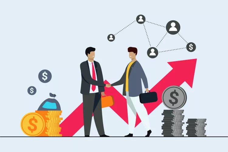 Two businesspeople shake hands, surrounded by illustrations of money bags, stacks of coins, and a red upward arrow, symbolizing financial growth and partnership.