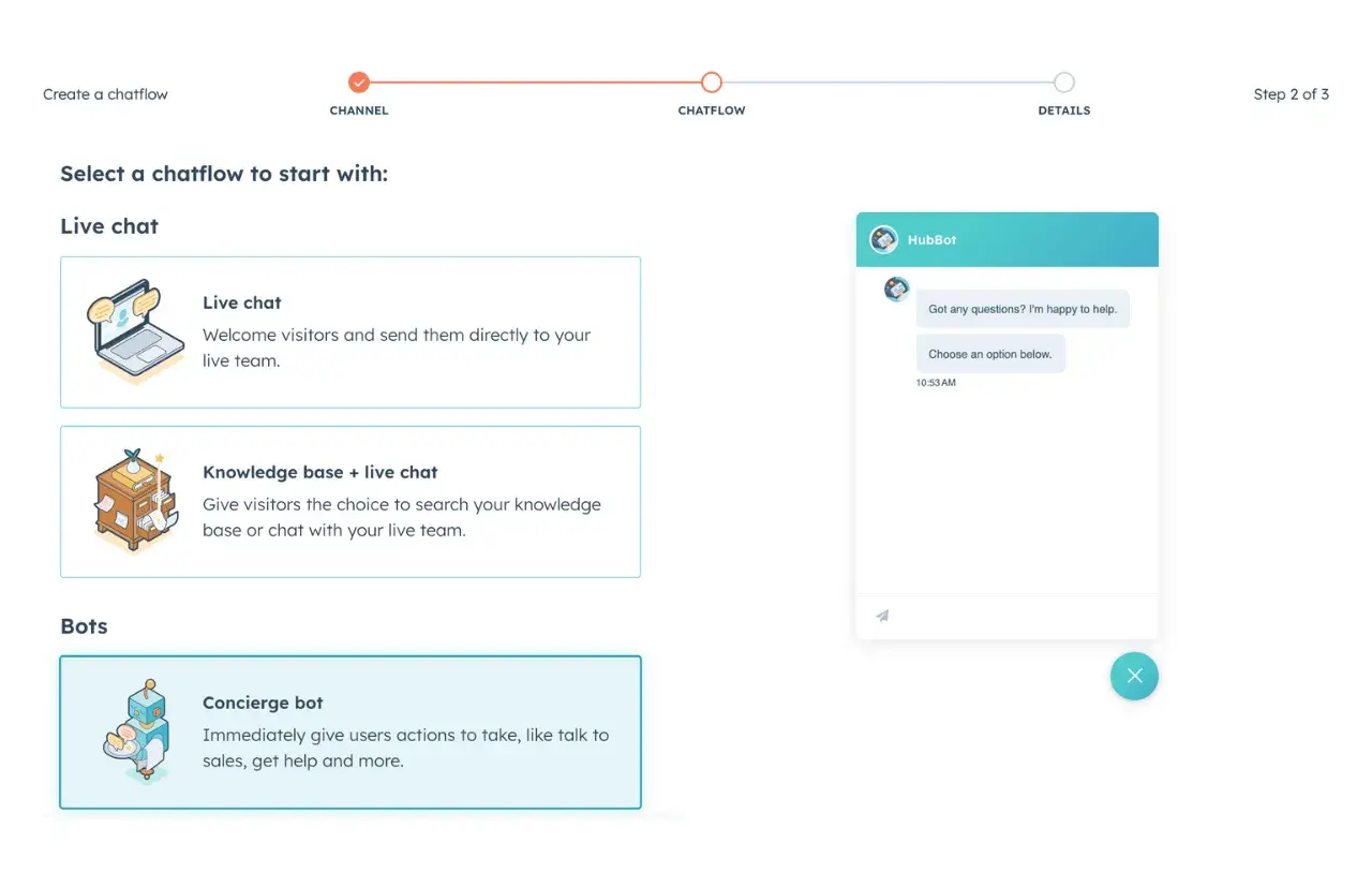 Screenshot of chatflow builder in HubSpot