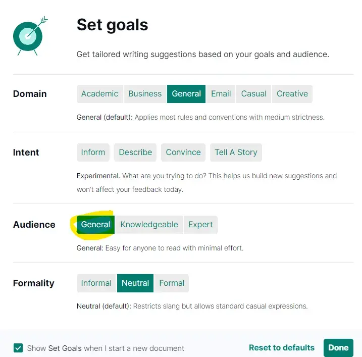 Using AI for technical SEO: Setting the Audience goals in Grammarly