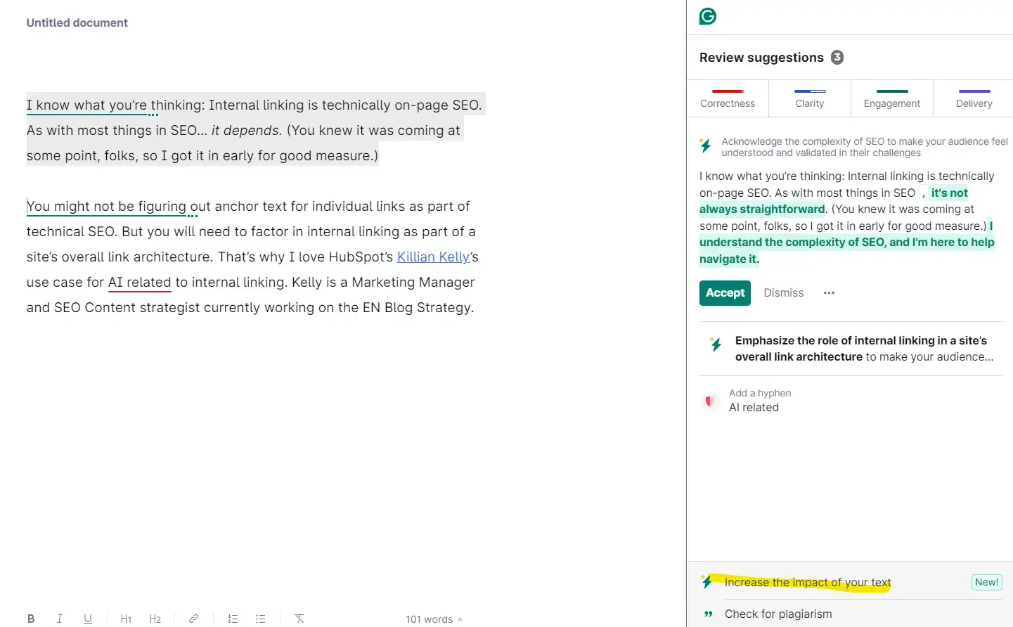 ai technical seo: using the Increase the impact of your text feature in Grammarly