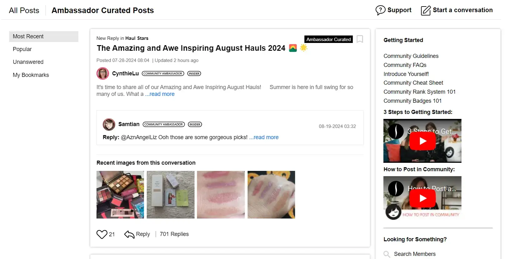 A screenshot of Sephora community featuring the ambassador curated posts.