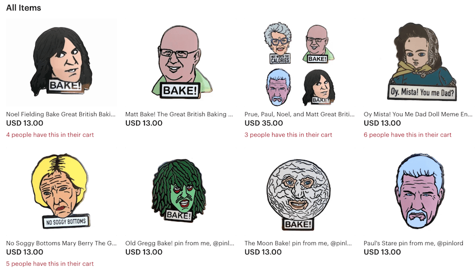 enamel pins on Etsy with celebrity heads like Noel Fielding and other British Bake Off cast