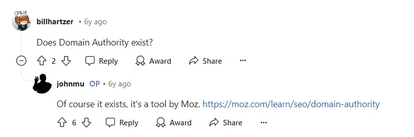 Screenshot from Reddit where John Mueller comments about domain authority as a ranking factor.