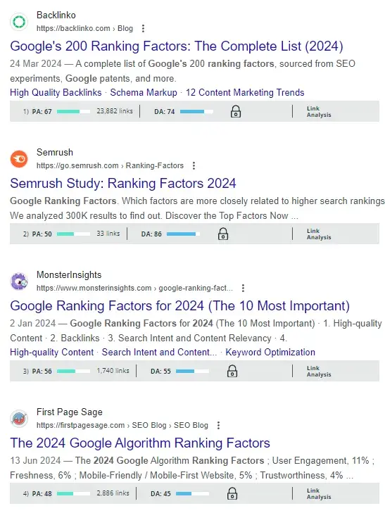 Screenshot of the keyword Google ranking factors demonstrating domain authority for different websites.