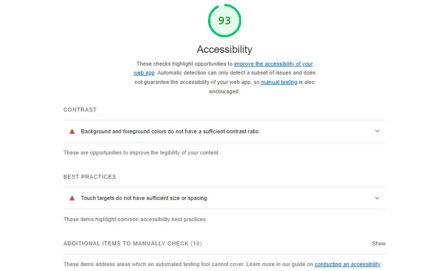 google ranking factors, screenshot from Google Lighthouse showing an accessibility score of 93 for my website.