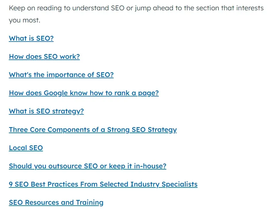 Image of HubSpot’s linked table of contents.