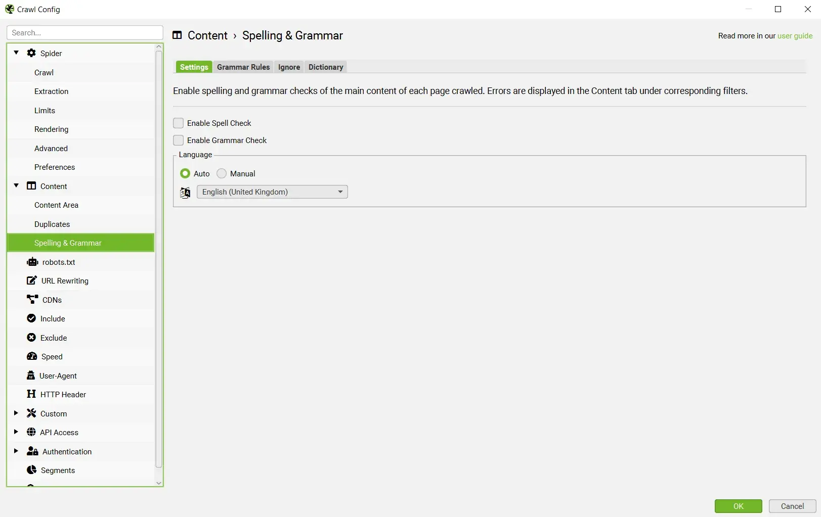 Screenshot from Screaming Frog shows how you can crawl a site for spelling and grammar issues. Correcting issues may improve ranking.