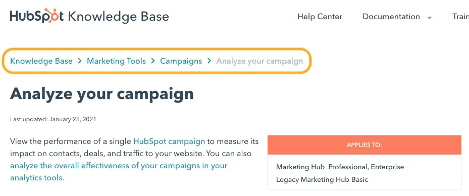 Screenshot shows what breadcrumbs are and where they are on the HubSpot website.