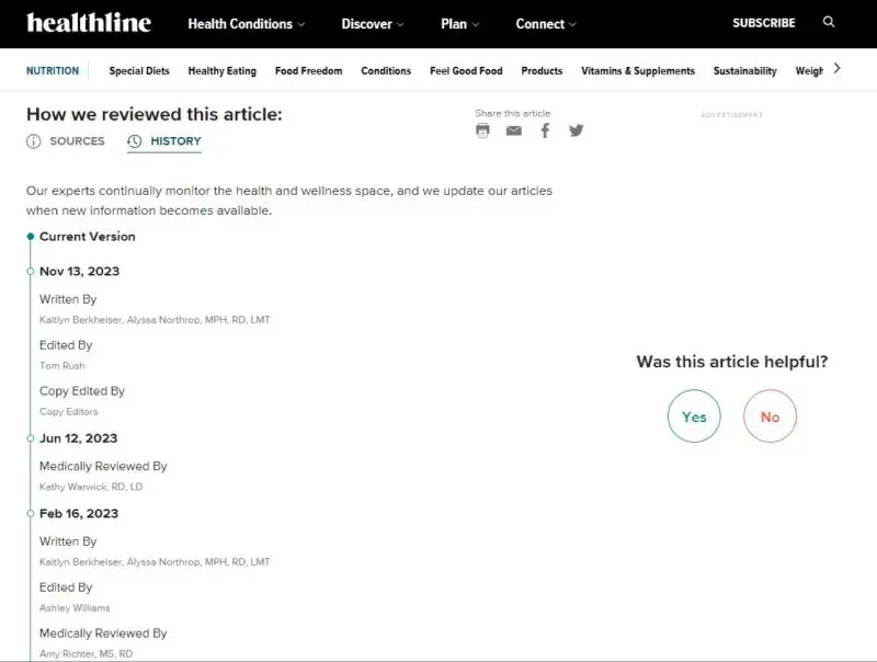 screenshot from Healthline’s articles detailing authors and reviewed by authors.