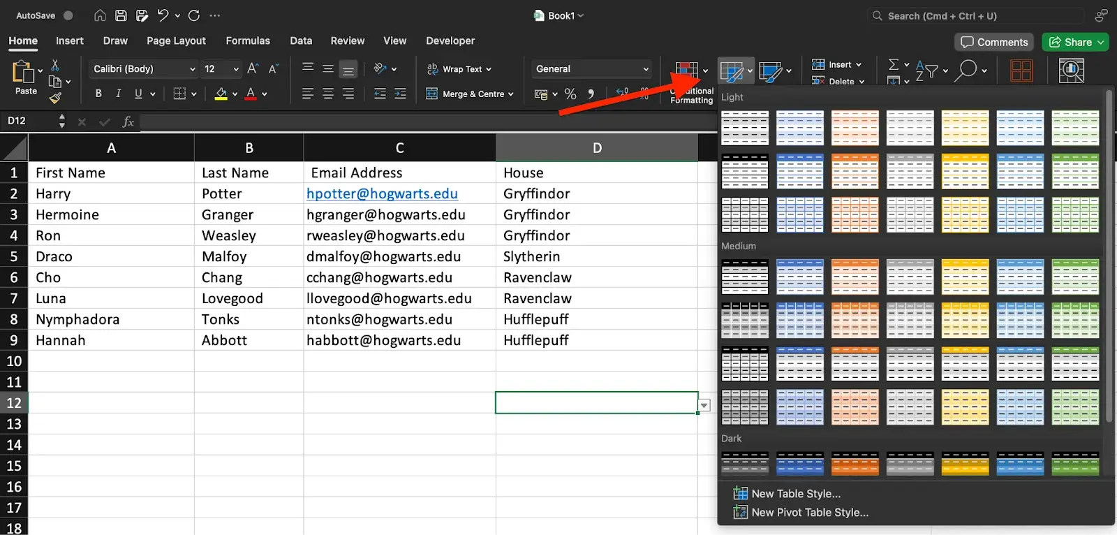 image of format as table excel option