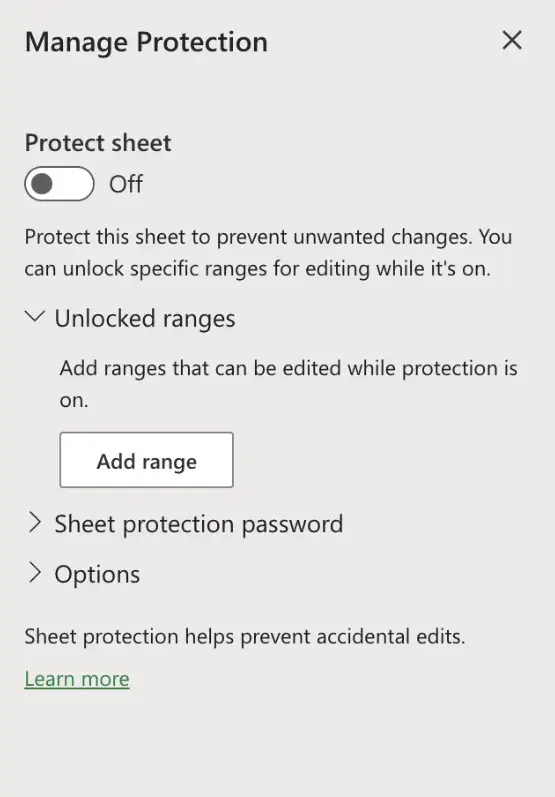 screenshot of manage protection menu in excel