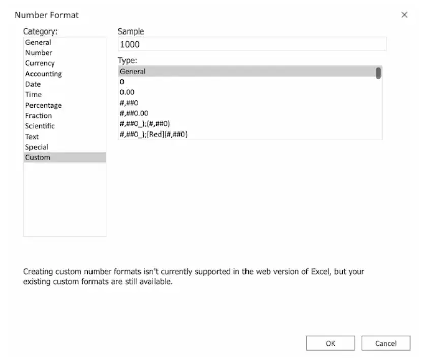 excel options for number formats