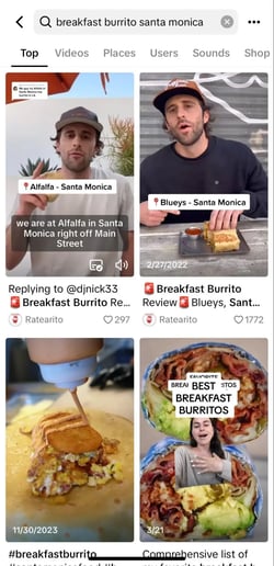 Top search results when searching “breakfast burrito santa monica” on TikTok.