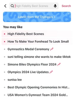 : Search bar, which shows Summer Olympics-related trending topics.