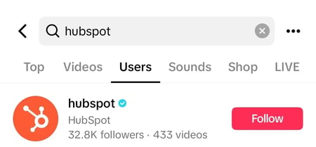 : Searching “hubspot” in the Users search bar to discover and follow HubSpot on TikTok.