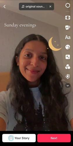 : A frame from my TikTok with “Sunday evenings” text and a moon sticker added.