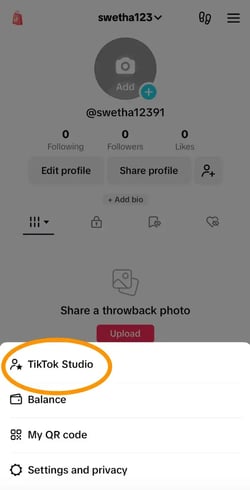 : Access TikTok Studio from your Profile.