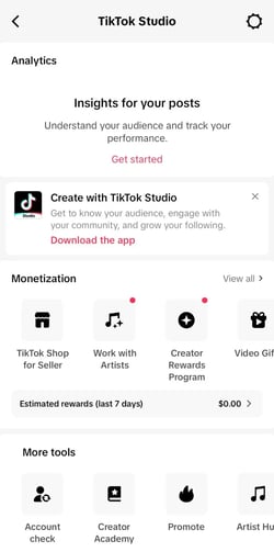 : TikTok Studio, where you can access a number of helpful Creator tools.