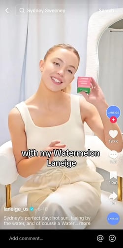 : Sydney Sweeney partnering with Laneige on a video featuring their new Watermelon Pop Lip Sleeping Mask.