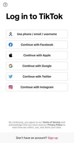 Log in options for TikTok.