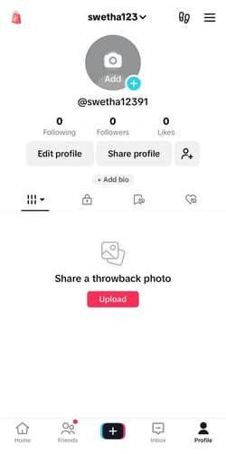 My TikTok profile, which is currently blank since I just created a new account.