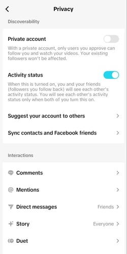 : TikTok Privacy settings, where you can make your account private, choose who can direct message you, and more.