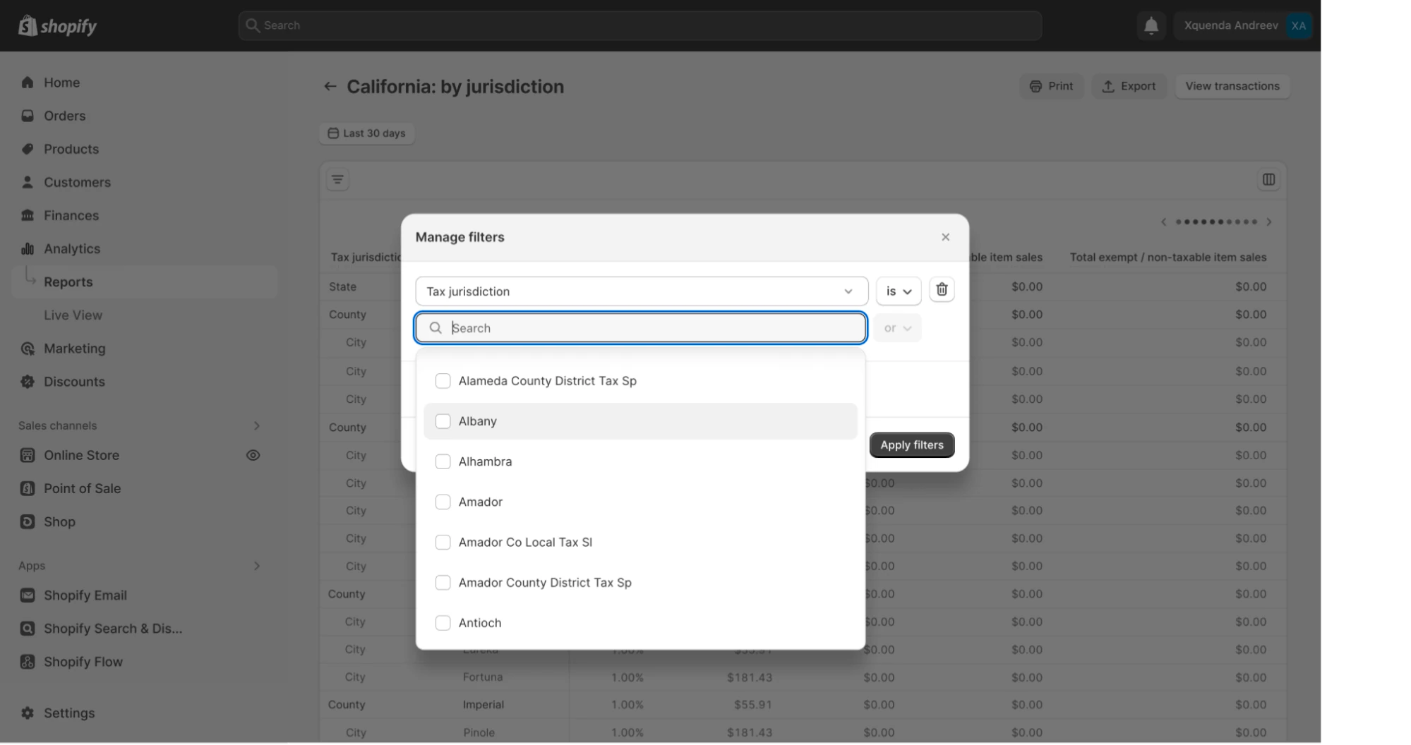 Drop down menu with a list of local tax jurisdictions in California