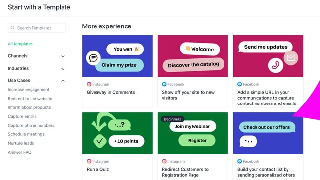 Marketing automation platform ManyChat offers chatbot templates for different channels, industries, and use cases.