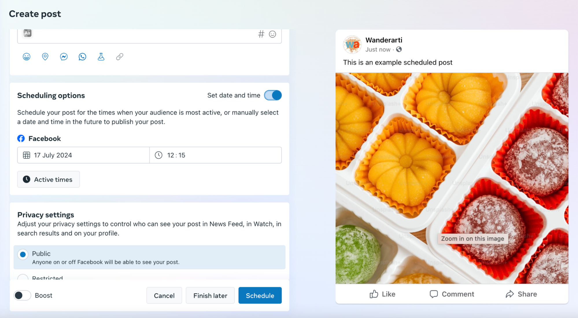 Meta Business Suite creates a post dashboard with an image of colorful cakes.