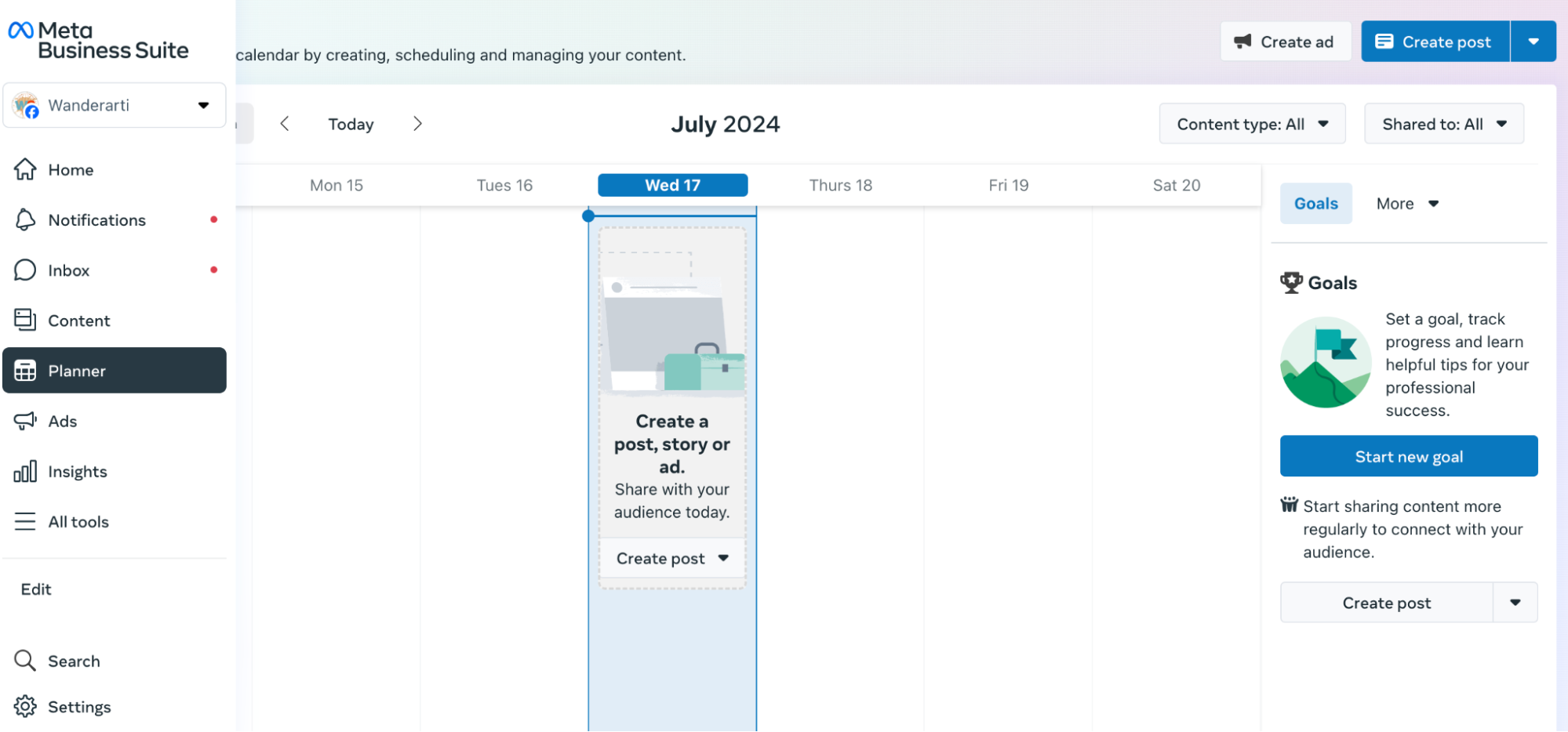 Meta Business Suite “planner” showing a week-by-week view of July.