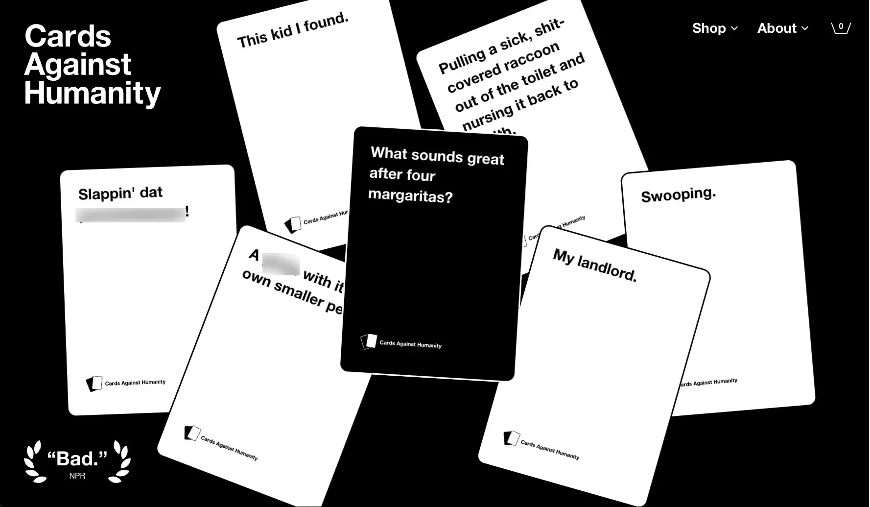 Screenshot of Cards Against Humanity’s homepage showing examples of the game cards.