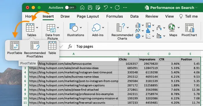 pivot table, create pivot table