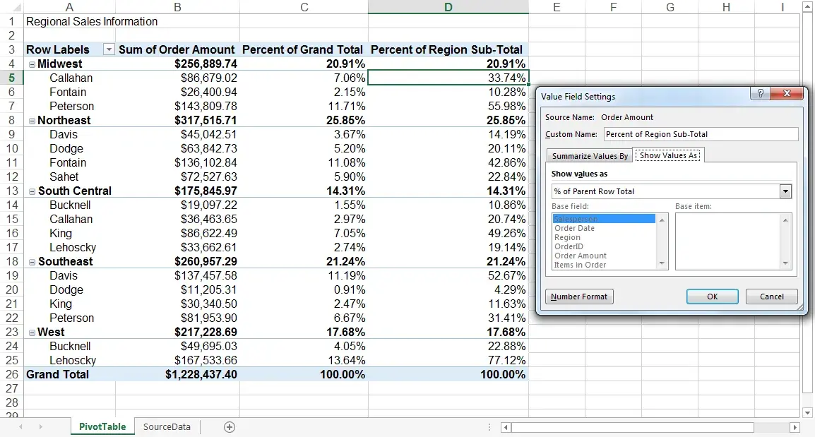 pivot table, value field settings