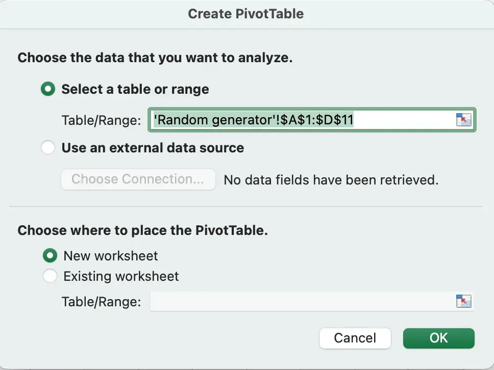 pivot table, random generator