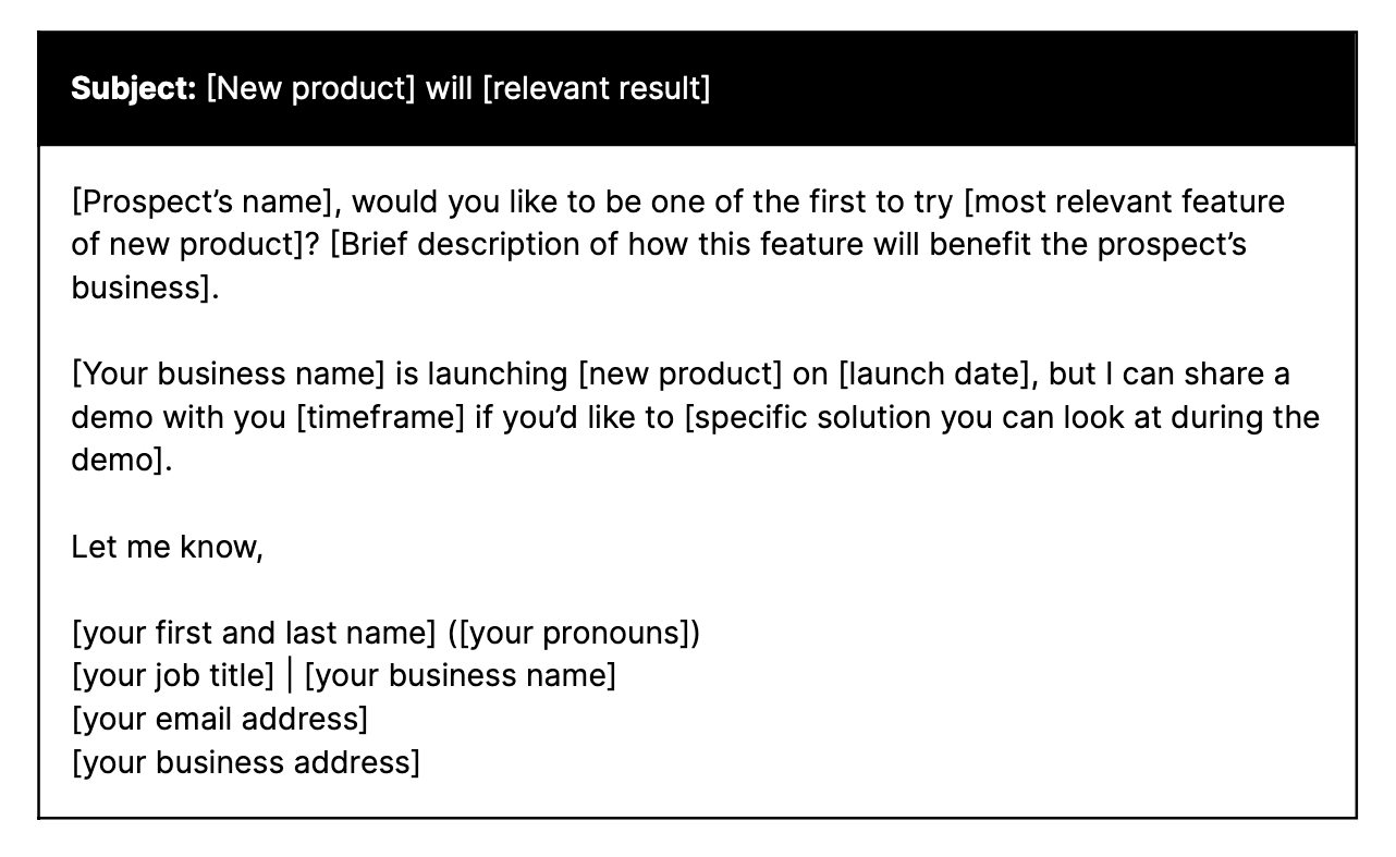 Screengrab of email template regarding a new product launch.