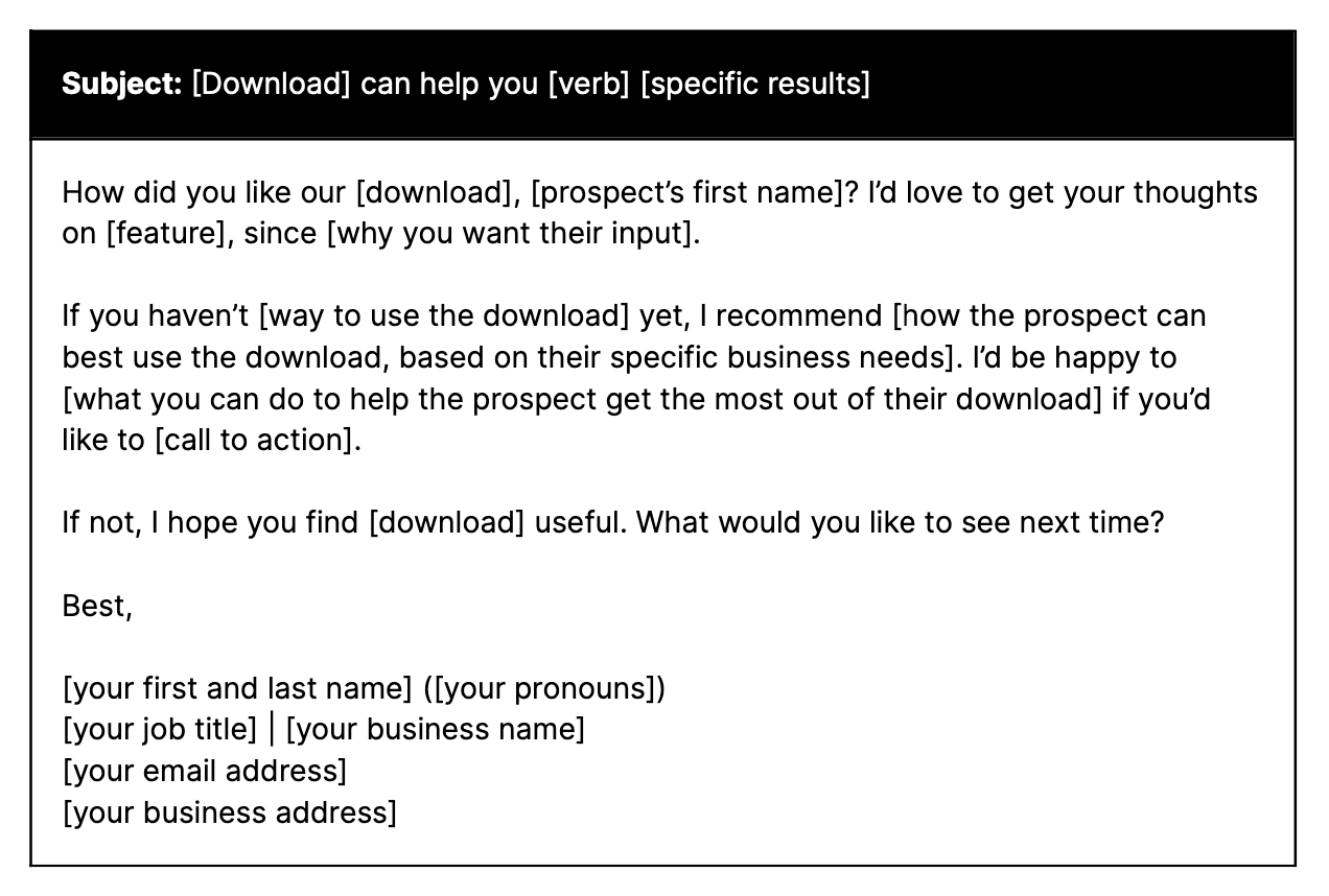 Screengrab of email template for following up after a download.