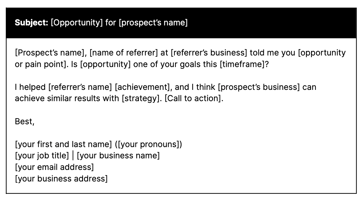 Screengrab of email template for reaching out to a referral.