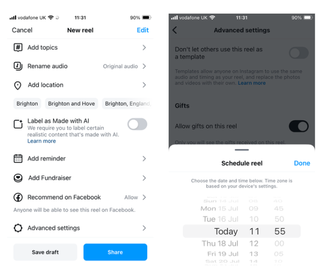 Instagram Reel scheduling panel with scrollable calendar.