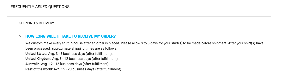 Shipping and delivery times for a print on demand order based on country