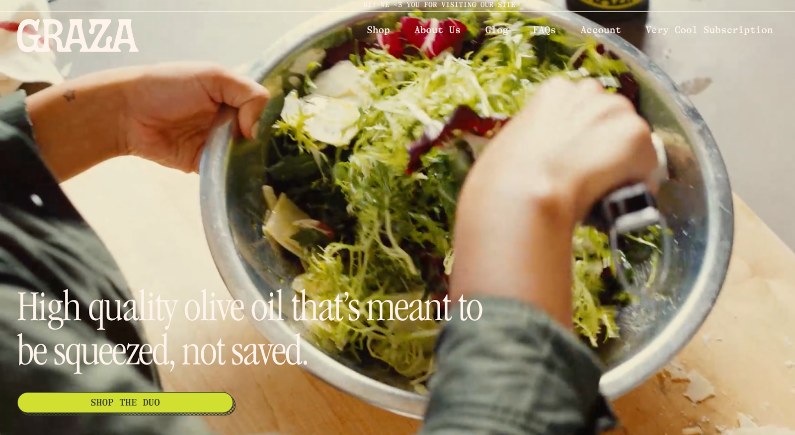 Screengrab of Graza webpage with image of person making a salad and text of Graza's value proposition.