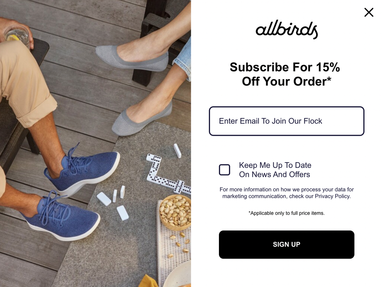 The Allbirds pop-up includes an image of shoes and a field for the user to enter an email address.