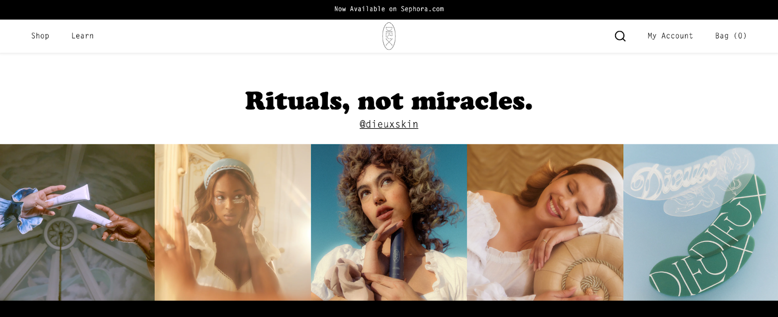 Screengrab of Dieux's webpage with images of smiling women and value proposition of rituals, not miracles.