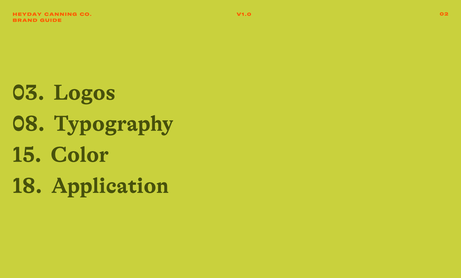 The table of contents has just four sections: Logos, Typography, Color, and Application.